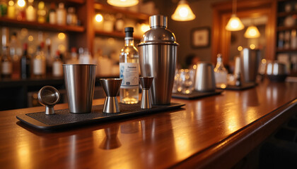 Bartender tools arranged on polished counter in cozy bar, professional ambiance