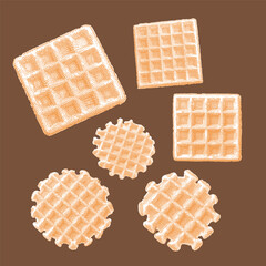 Waffle vector, waffle illustration, line drawing on brown background.