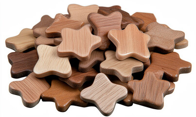 A Collection of Wooden Star-Shaped Craft Pieces in Various Natural Colors and Textures Ideal for Artistic Projects and Creative Displays