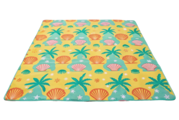 Colorful beach mat featuring tropical shells and palm trees for summer relaxation and outdoor fun