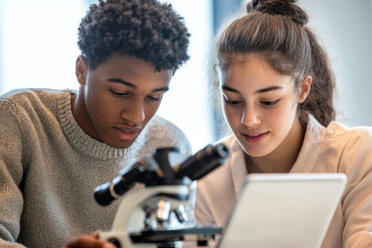 Two high school students collaborate on a science experiment using a microscope and tablet.