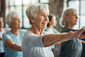 A group of seniors engage in a stretching class, lifting their arms and focusing on flexibility, strength, and social connection