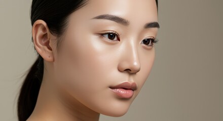 Naklejka premium Close up portrait of attractive asian woman face. Healthy, glowing, smooth skin texture and beauty concept. Minimalist headshot on nude background