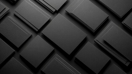 Fototapeta premium Black textured business cards arranged in pattern on dark background.