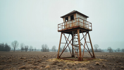 Abandoned watchtower in barren landscape, symbol of isolation
