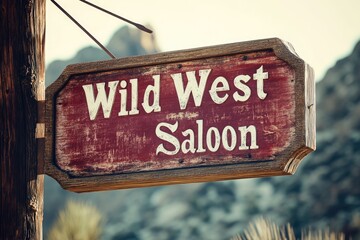 Obraz premium A rustic Wild West Saloon sign hangs from a weathered wooden post, evoking a sense of the old American West.