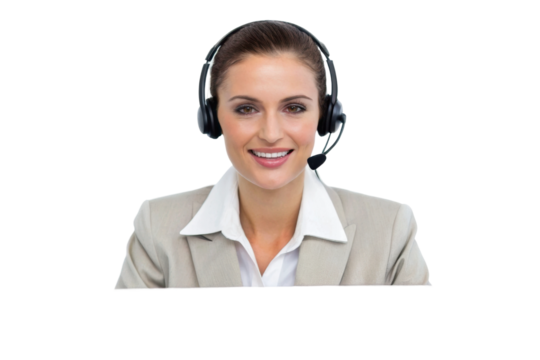 Professional customer service representative providing support in a modern office environment with a friendly smile