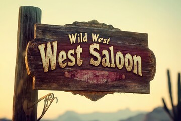 A weathered wooden sign reads 'Wild West West Saloon', evoking a classic Western theme.