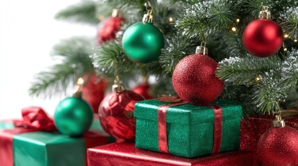 Festive Christmas Tree with Red and Green Ornaments and Gifts