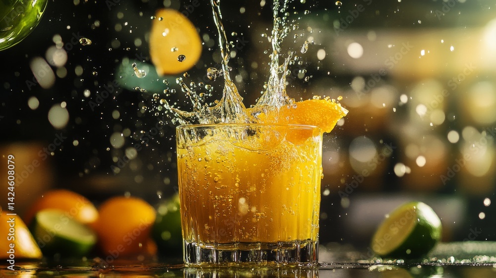 Aufkleber an artistic shot of a splash of being poured from a bottle into a glass, with droplets and splashes 