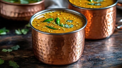 Spicy chaas served in copper tumblers, with mustard seeds and green chilies floating on top.