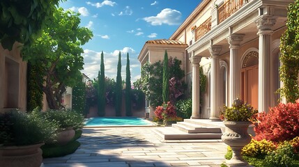 Obraz premium Golden hour light touches elegant colonial stone house high resolution picture