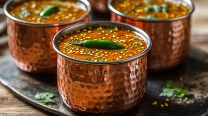 Spicy chaas served in copper tumblers, with mustard seeds and green chilies floating on top.