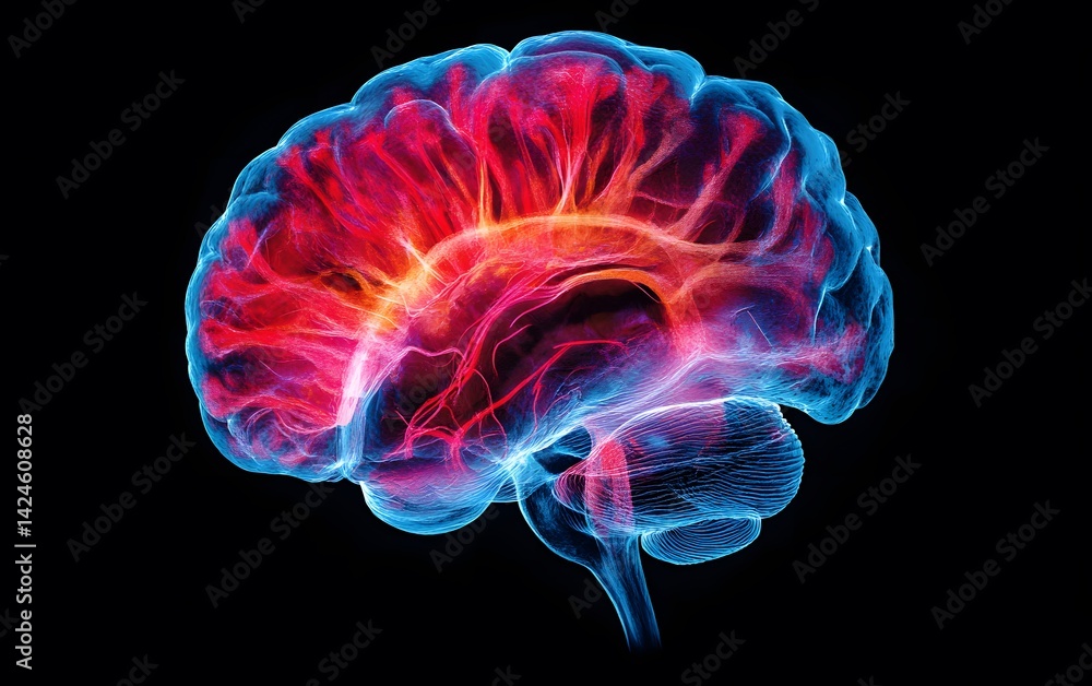 Poster a vivid and colorful representation of the human brain, showcasing its intricate networks and vibran