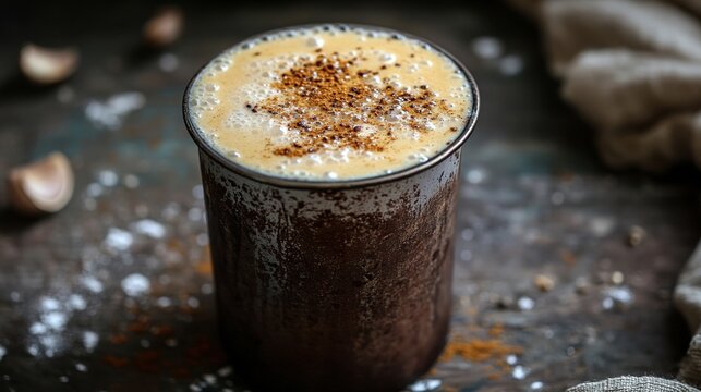 Salty lassi in a rustic metal tumbler with a frothy top, sprinkled with roasted cumin powder.