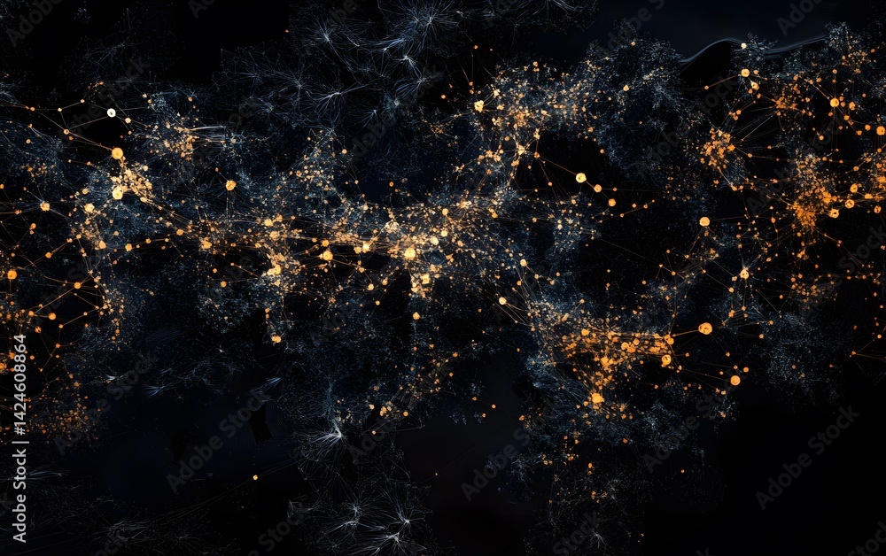 Poster an abstract representation of a network of glowing nodes and connections in a dark setting.