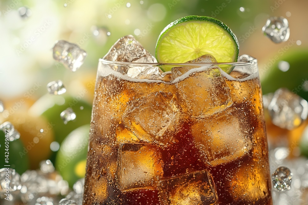 Poster refreshing cola with ice cubes, lime slice floating, cool air surrounding.