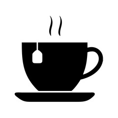 Black tea cup vector graphic with steam, tea bag, and saucer for cafe and restaurant menu design