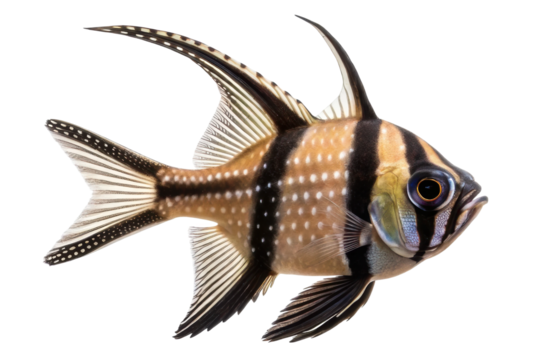 A vibrant tropical freshwater fish exhibits its striking patterns and colors while swimming gracefully in clear waters