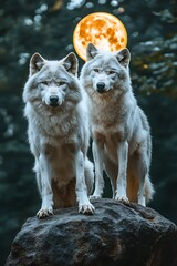 Two Wolves on Rock, Moonlit Forest