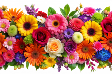 A vibrant floral arrangement featuring various colorful flowers creating a beautiful border effect for design projects isolated on white background PNG