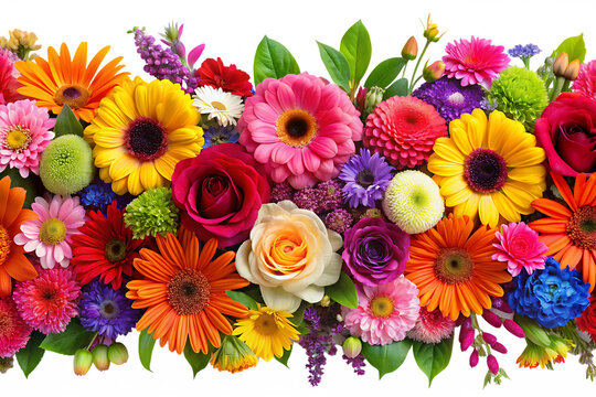 A vibrant floral arrangement featuring various colorful flowers creating a beautiful border effect for design projects isolated on white background PNG