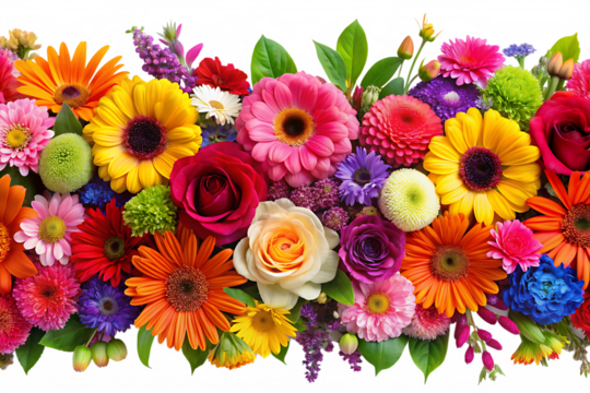 A vibrant floral arrangement featuring various colorful flowers creating a beautiful border effect for design projects isolated on white background PNG