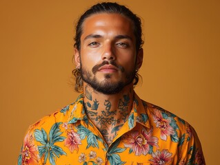 Portrait of a tattooed man in a floral shirt against a vibrant orange background