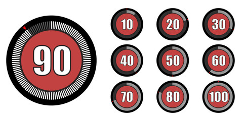 Set of numbers 10 -100. Gauge, percentage, process, dial, circle, arrow. Vector