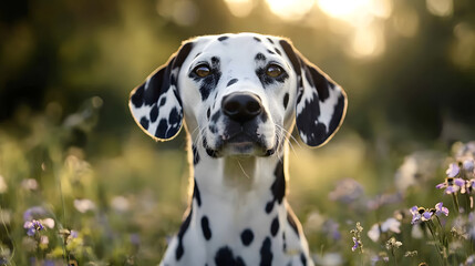 A Dalmatian dog with its signature black spots, posing proudly in front of a bright sunset at the beach.