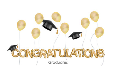 graduate cap and flying golden air ballons on white background Caps thrown up and air ballons 3d style design of congratulation graduates vector illustration