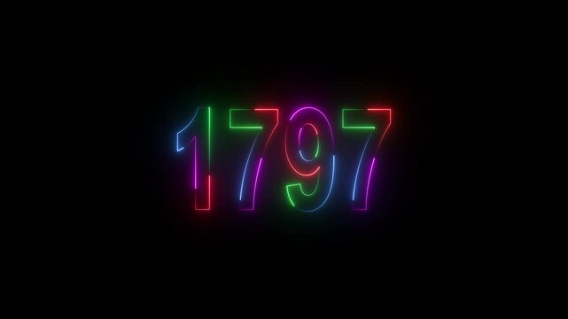 neon sign 1797 ,Four neon color Glowing neon number text background 4k video animation . 1797 title metal text on black alpha channel background