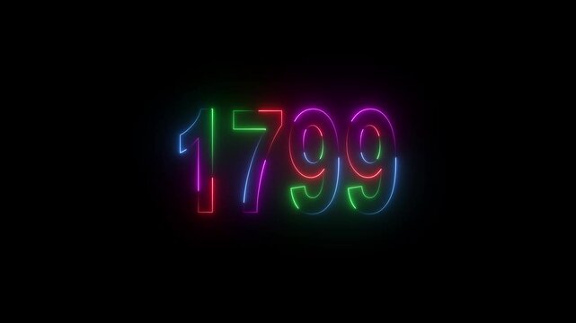 neon sign 1799 ,Four neon color Glowing neon number text background 4k video animation . 1799 title metal text on black alpha channel background