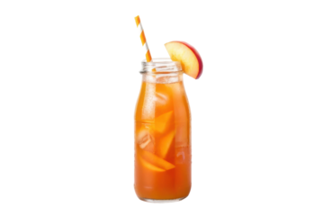 Refreshing iced tea with apple slices and a striped straw served in a glass bottle for summer enjoyment