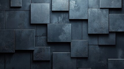 Dark, textured square tiles create a modern, industrial backdrop.  The  irregular arrangement of the tiles and subtle distressing effect gives a unique, industrial aesthetic