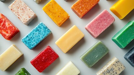 Colorful assorted natural soap bars arranged on light background