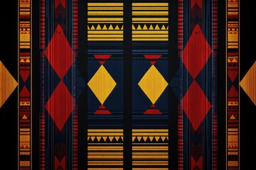 Geometric textile design with vibrant red, yellow, and blue patterns on a dark background.