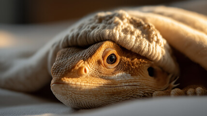 Bearded dragon wearing tiny hat, lying under blanket, warm morning light, cozy pet photo style