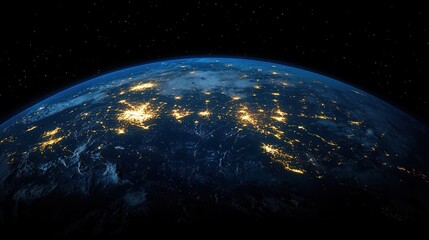 Fototapeta premium Earth at night: illuminated cities and starry sky from space