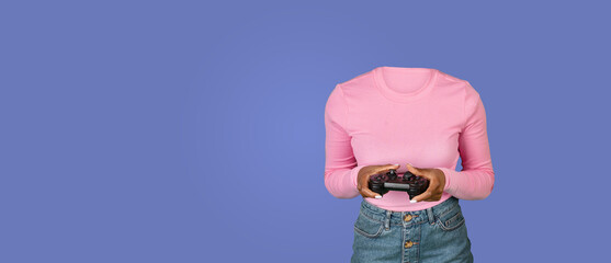 A person enjoying a gaming session stands against a plain blue background, holding a gaming controller. The headless image evokes a modern, minimalist approach to lifestyle representation.