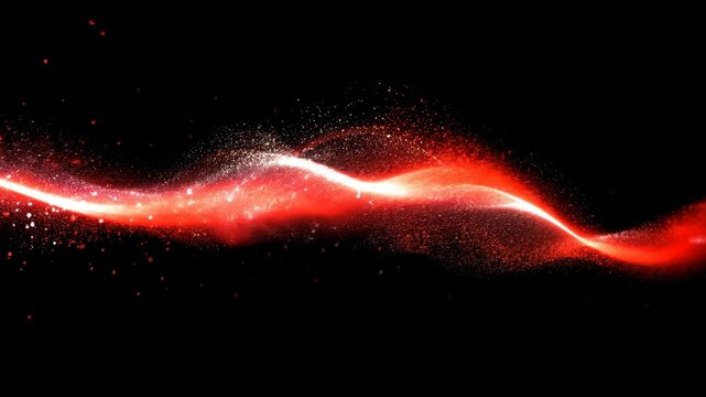 Dynamic red wave of energy particles on black background creating flowing motion