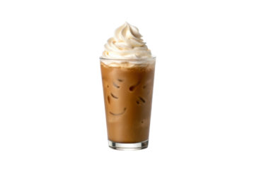 Iced coffee with whipped cream in a clear glass served to cool down on a warm day