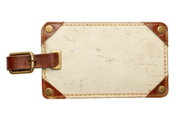 Fototapeta premium Vintage luggage tag for travel and adventure with leather strap and metal accents designed for personalization