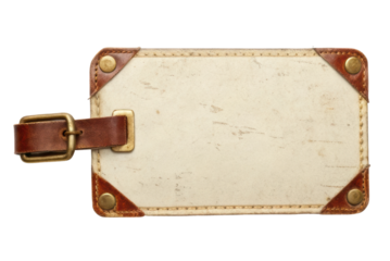 Vintage luggage tag for travel and adventure with leather strap and metal accents designed for personalization