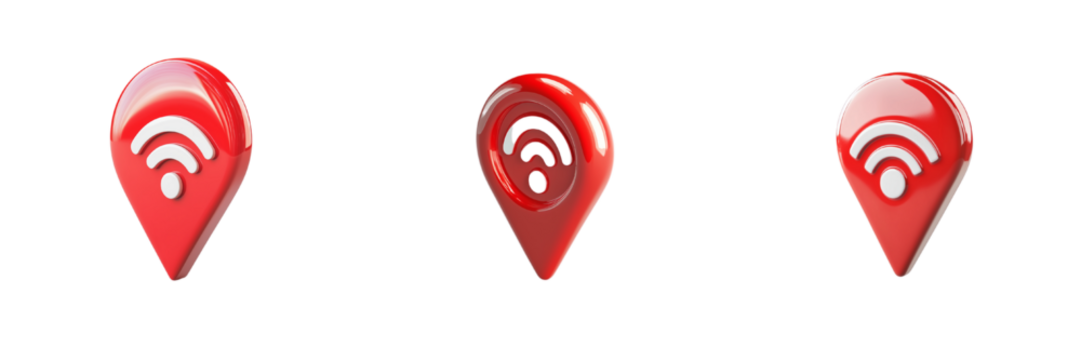 A set of 3D navigation icons featuring a red location pin with a Wi-Fi symbol, isolated on a transparent background