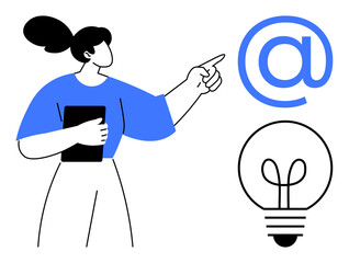 Woman holding tablet pointing toward email and lightbulb symbols, symbolizing communication, idea generation. Ideal for teamwork, creativity, innovation, marketing, digital connection, education