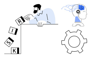 Man strategically managing risk blocks, human head signifying AI-driven thinking with network and gear, large gear symbol. Ideal for strategy, technology, automation, data, innovation, management