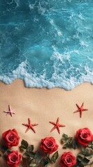 Plakat 3D render, top view of a beach with red roses and starfish lying on the sand, with sea waves in the background, 