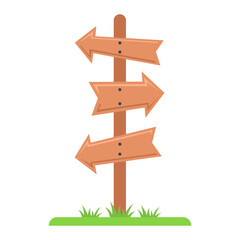 Road wooden sign guiding in different directions. Flat illustration.