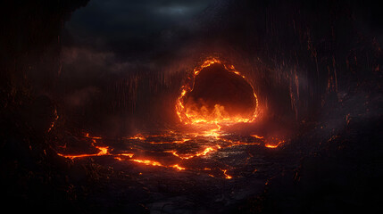 A dark lava cave illuminated by glowing molten rock and lava flowing across the jagged floor, creating a stunning fiery effect.